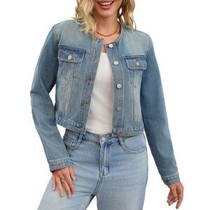 Women's Collarless Denim Jacket Vintage Blue